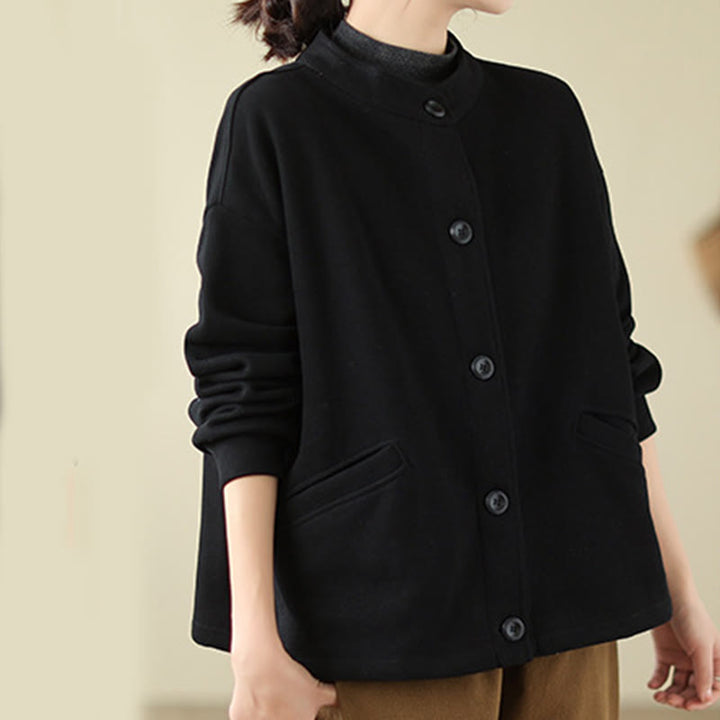 Chaqueta de algodón de manga larga para mujer con bolsillos y diseño de Buddha Stones en color liso - image 3