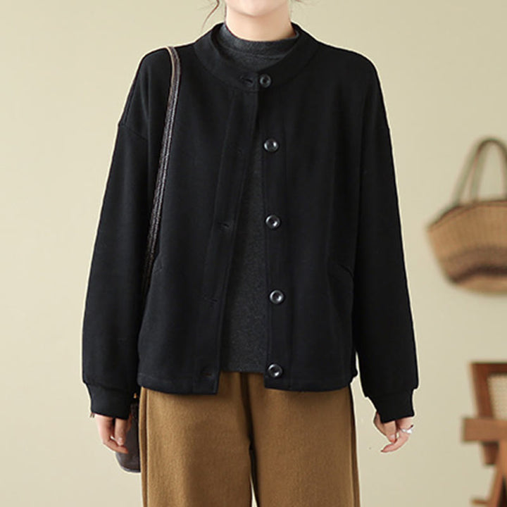 Chaqueta de algodón de manga larga para mujer con bolsillos y diseño de Buddha Stones en color liso - image 1