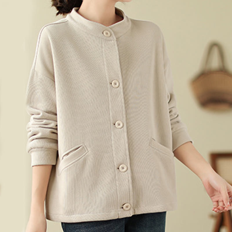 Chaqueta de algodón de manga larga para mujer con bolsillos y diseño de Buddha Stones en color liso - image 15