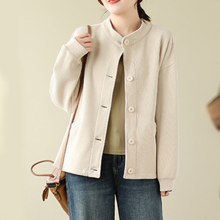 Chaqueta de algodón de manga larga para mujer con bolsillos y diseño de Buddha Stones en color liso - image 17