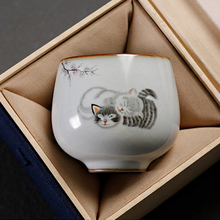 Buddha Stones Taza de té de kung fu con ramas de gato y caja de regalo - Dos gatos 5,8 cm x 6 cm x 120 ml - image 7
