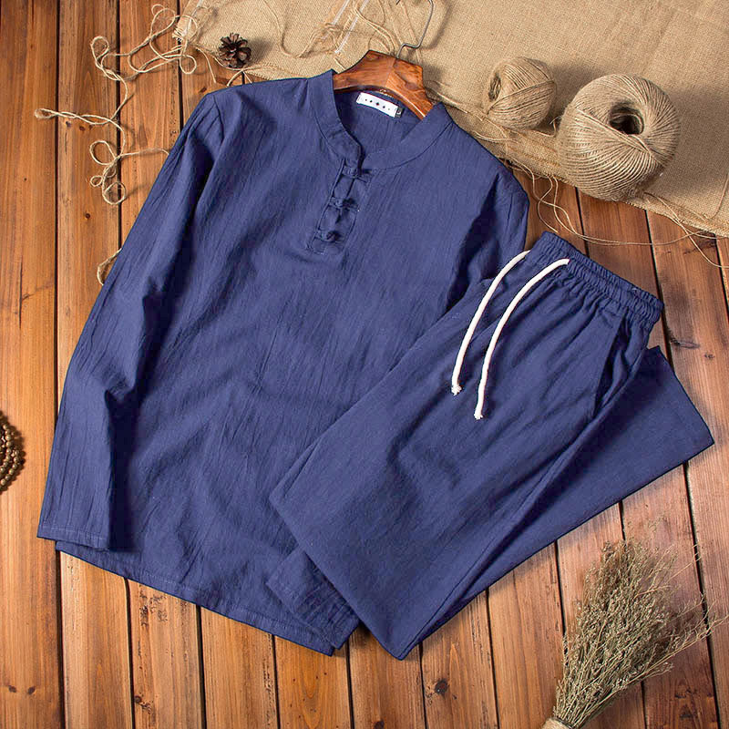 Conjunto de ropa para hombre con pantalones y camiseta de manga larga de algodón y lino de color puro con Buddha Stones - Azul medianoche - US/UK/AU44, UE54 (5XL) - image 12