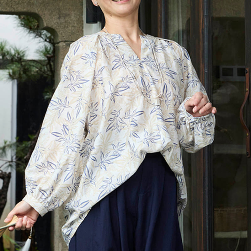 Camisa de manga larga con diseño de muescas y flores en azul y beige con Buddha Stones para mujer adulta mayor - image 13