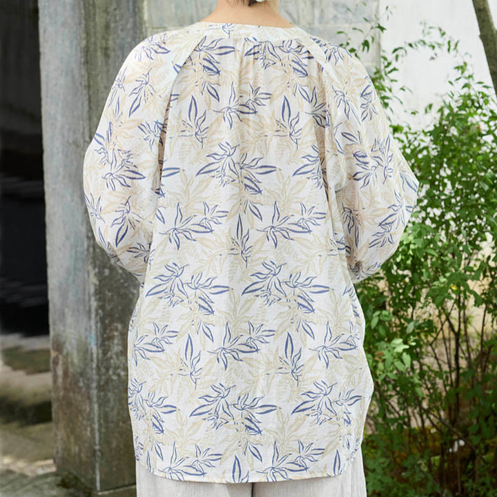 Camisa de manga larga con diseño de muescas y flores en azul y beige con Buddha Stones para mujer adulta mayor - image 2