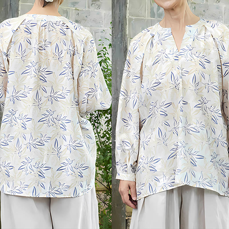 Camisa de manga larga con diseño de muescas y flores en azul y beige con Buddha Stones para mujer adulta mayor - image 10