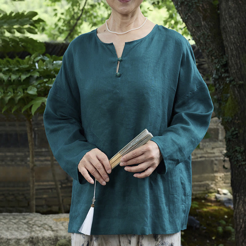 Camisa de lino de manga larga con Buddha Stones para mujer adulta mayor - Verde azulado - US14，UK/AU18，EU46 (2XL) - image 0
