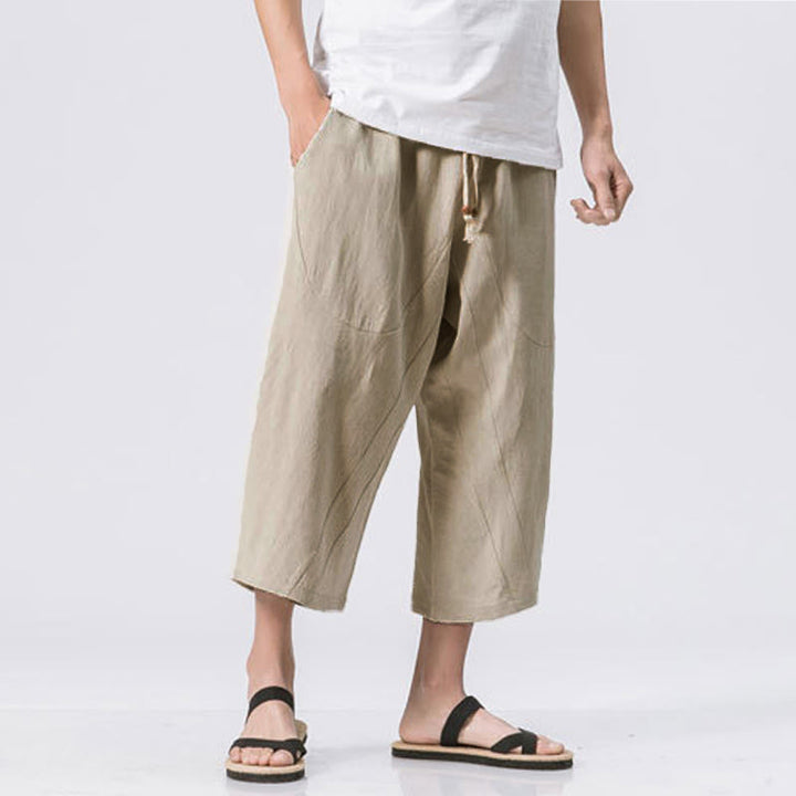 Pantalones casuales de verano con diseño sencillo y liso de Buddha Stones para hombre, de longitud 7-8, con cordón y bolsillos - Beige - US/UK/AU46, EU56 (5XL) - image 12