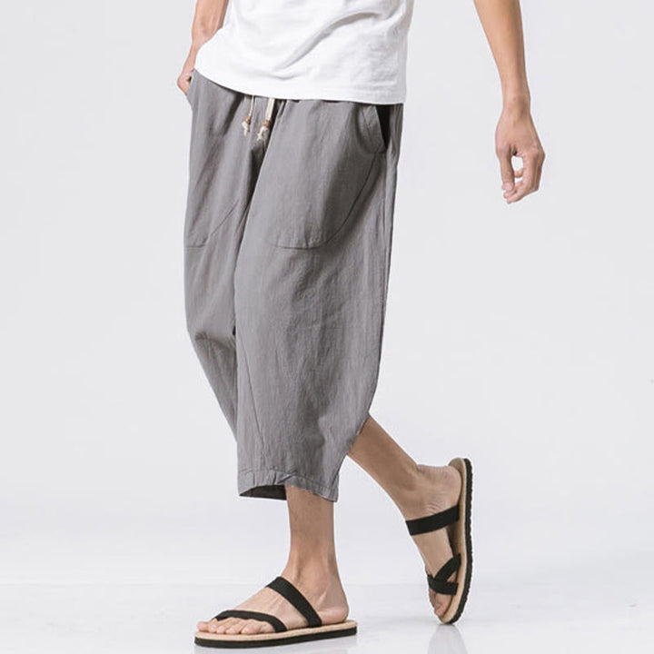 Pantalones casuales de verano con diseño sencillo y liso de Buddha Stones para hombre, de longitud 7-8, con cordón y bolsillos - image 3