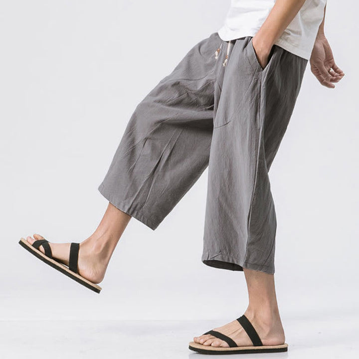 Pantalones casuales de verano con diseño sencillo y liso de Buddha Stones para hombre, de longitud 7-8, con cordón y bolsillos - image 2