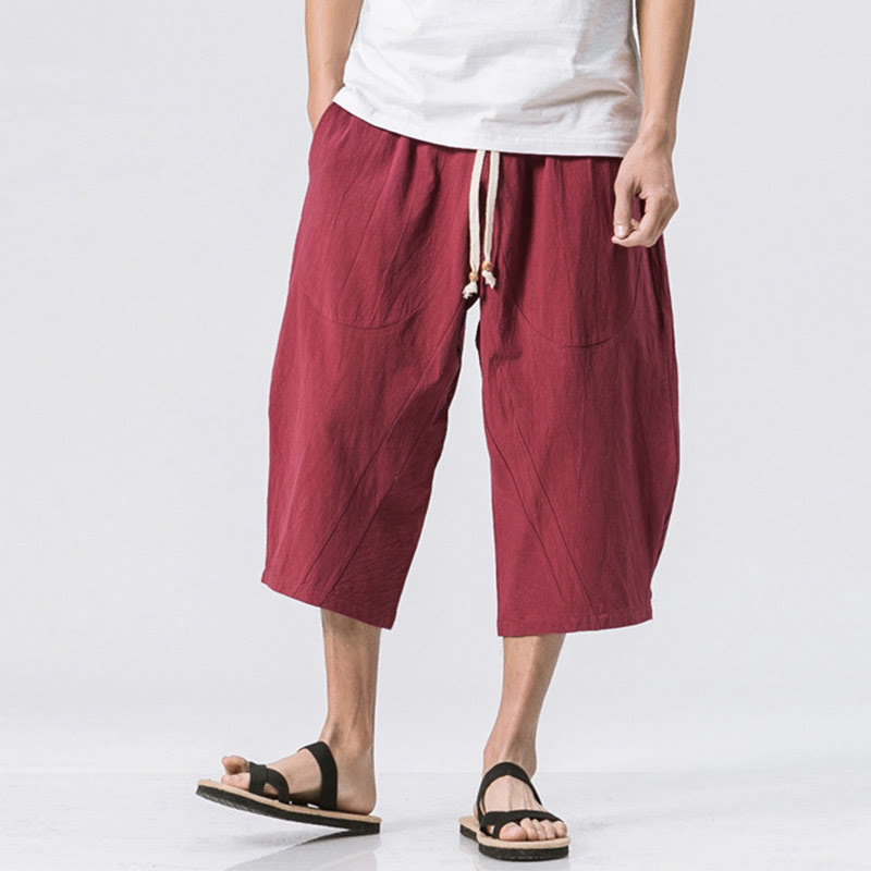 Pantalones casuales de verano con diseño sencillo y liso de Buddha Stones para hombre, de longitud 7-8, con cordón y bolsillos - Carmesí - US/UK/AU46, EU56 (5XL) - image 4