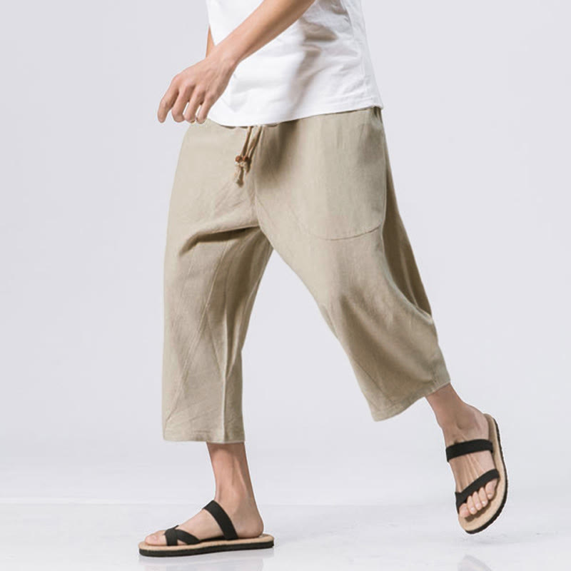 Pantalones casuales de verano con diseño sencillo y liso de Buddha Stones para hombre, de longitud 7-8, con cordón y bolsillos - image 14
