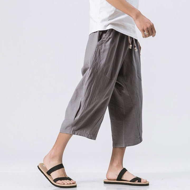 Pantalones casuales de verano con diseño sencillo y liso de Buddha Stones para hombre, de longitud 7-8, con cordón y bolsillos - image 1