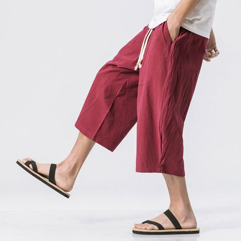 Pantalones casuales de verano con diseño sencillo y liso de Buddha Stones para hombre, de longitud 7-8, con cordón y bolsillos - image 5