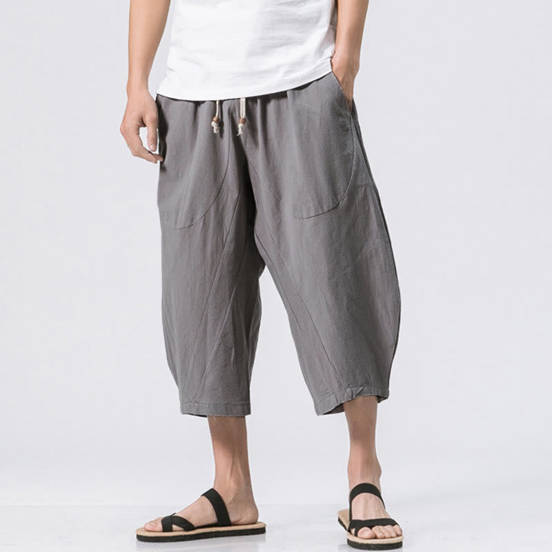 Pantalones casuales de verano con diseño sencillo y liso de Buddha Stones para hombre, de longitud 7-8, con cordón y bolsillos - Gris claro - US/UK/AU46, EU56 (5XL) - image 0