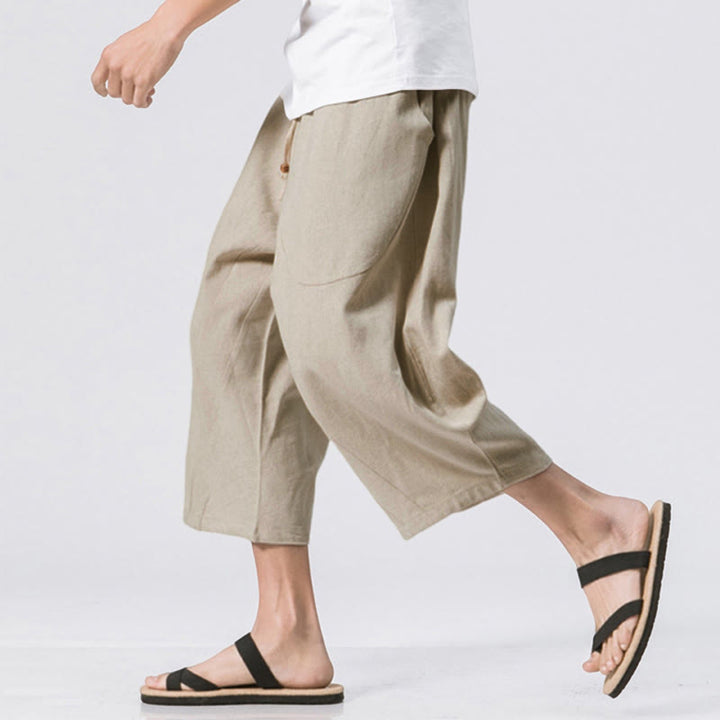 Pantalones casuales de verano con diseño sencillo y liso de Buddha Stones para hombre, de longitud 7-8, con cordón y bolsillos - image 13