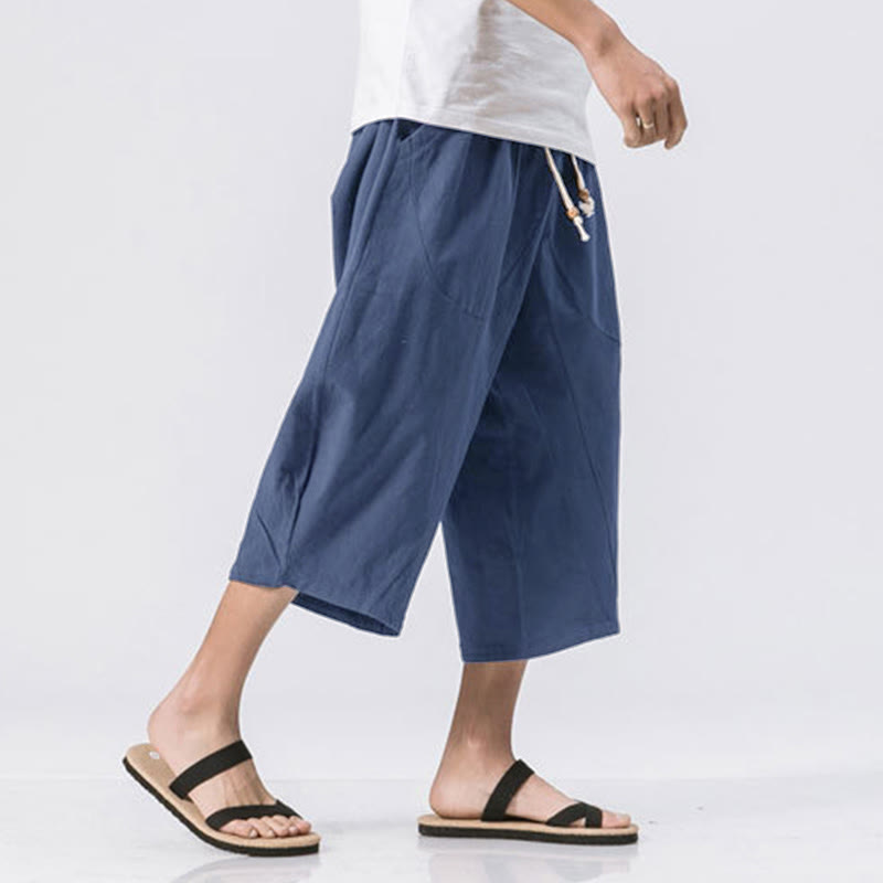 Pantalones casuales de verano con diseño sencillo y liso de Buddha Stones para hombre, de longitud 7-8, con cordón y bolsillos - image 16