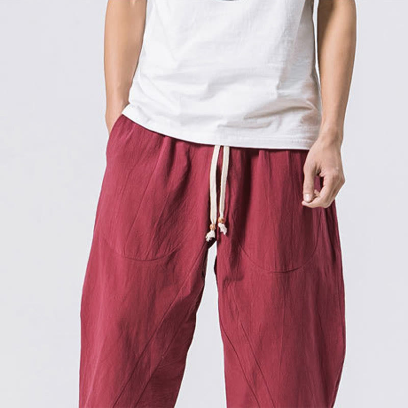 Pantalones casuales de verano con diseño sencillo y liso de Buddha Stones para hombre, de longitud 7-8, con cordón y bolsillos - image 8