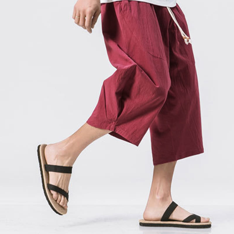 Pantalones casuales de verano con diseño sencillo y liso de Buddha Stones para hombre, de longitud 7-8, con cordón y bolsillos - image 6