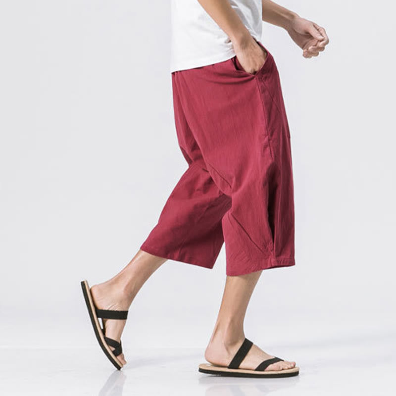 Pantalones casuales de verano con diseño sencillo y liso de Buddha Stones para hombre, de longitud 7-8, con cordón y bolsillos - image 7