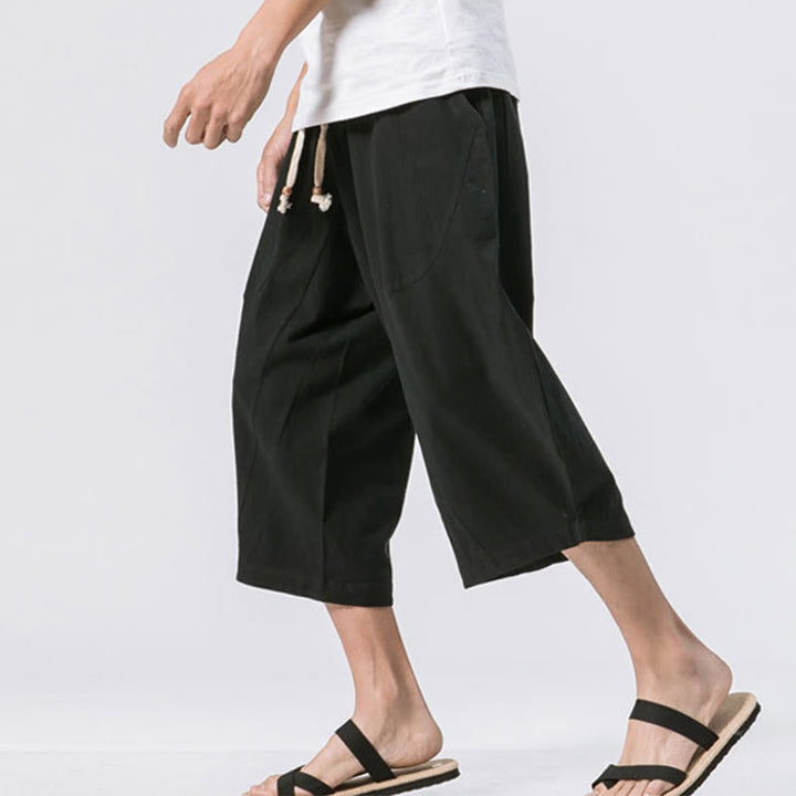 Pantalones casuales de verano con diseño sencillo y liso de Buddha Stones para hombre, de longitud 7-8, con cordón y bolsillos - image 11