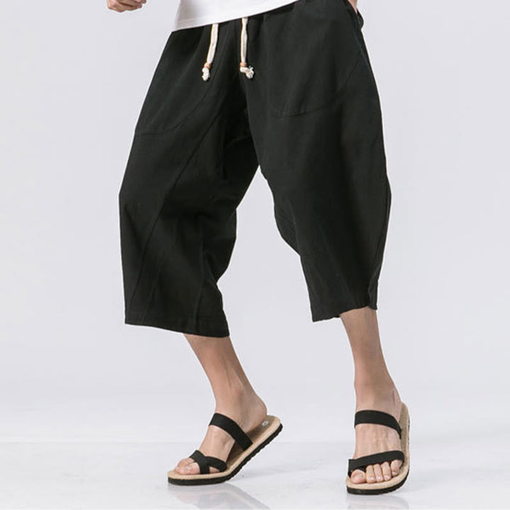 Pantalones casuales de verano con diseño sencillo y liso de Buddha Stones para hombre, de longitud 7-8, con cordón y bolsillos - image 10