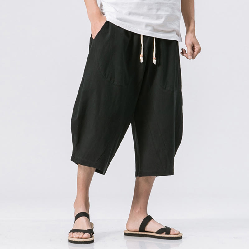 Pantalones casuales de verano con diseño sencillo y liso de Buddha Stones para hombre, de longitud 7-8, con cordón y bolsillos - Negro - US/UK/AU46, EU56 (5XL) - image 9