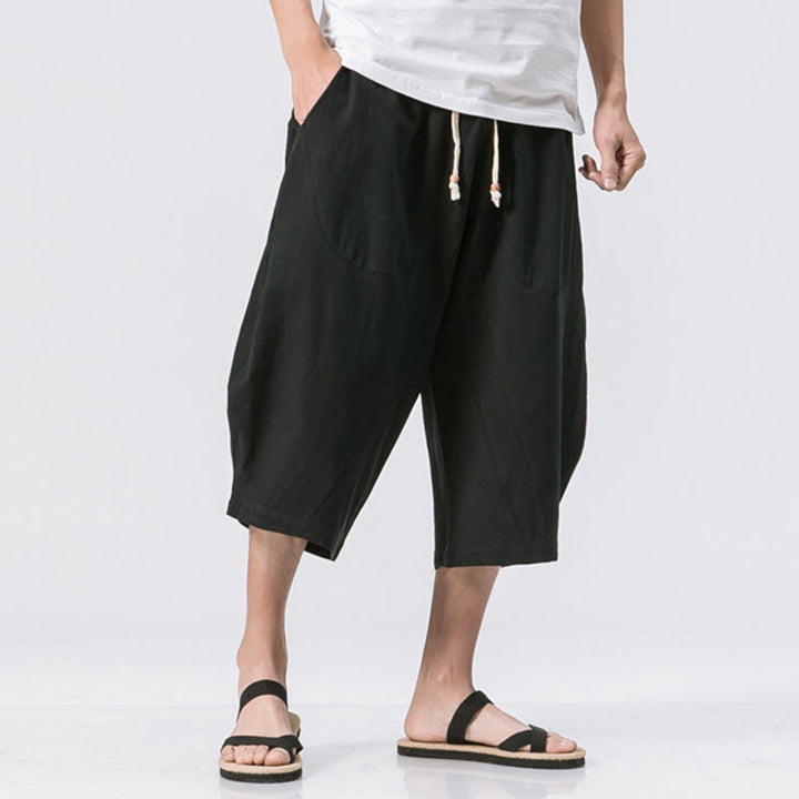 Pantalones casuales de verano con diseño sencillo y liso de Buddha Stones para hombre, de longitud 7-8, con cordón y bolsillos - Negro - US/UK/AU46, EU56 (5XL) - image 9
