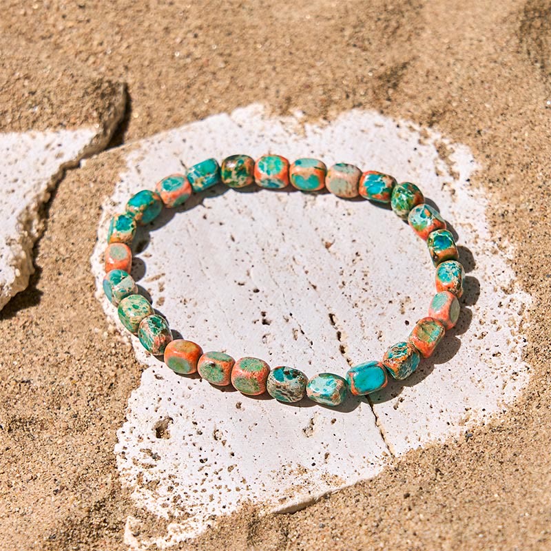 Pulsera antiestrés con cuentas cuadradas ovaladas de piedra emperador natural y colorida de Buddha Stones - Piedra Emperador Naranja (circunferencia de la muñeca: 15-17 cm) - image 0
