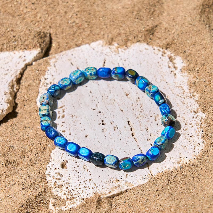 Pulsera antiestrés con cuentas cuadradas ovaladas de piedra emperador natural y colorida de Buddha Stones - Piedra Emperador Azul Oscuro (Circunferencia de la muñeca: 15-17 cm) - image 6