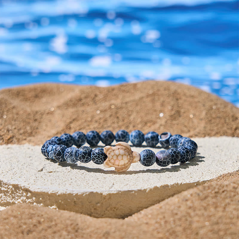 Pulsera de la sabiduría de ágata craquelada turquesa y tortuga marina de piedra natural de Buddha Stones - Ágata craquelada (circunferencia de la muñeca: 15-18 cm) - image 4