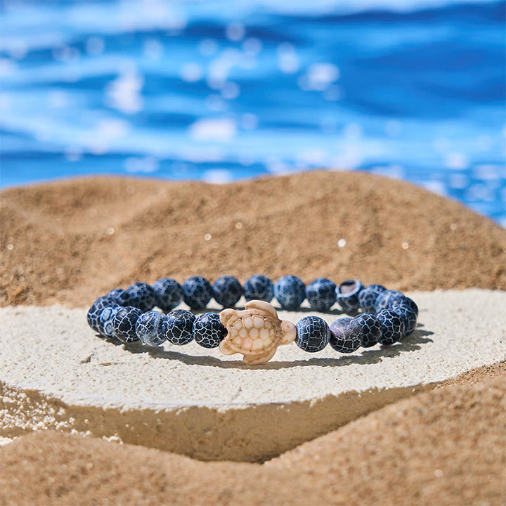 Pulsera de la sabiduría de ágata craquelada turquesa y tortuga marina de piedra natural de Buddha Stones - Ágata craquelada (circunferencia de la muñeca: 15-18 cm) - image 4