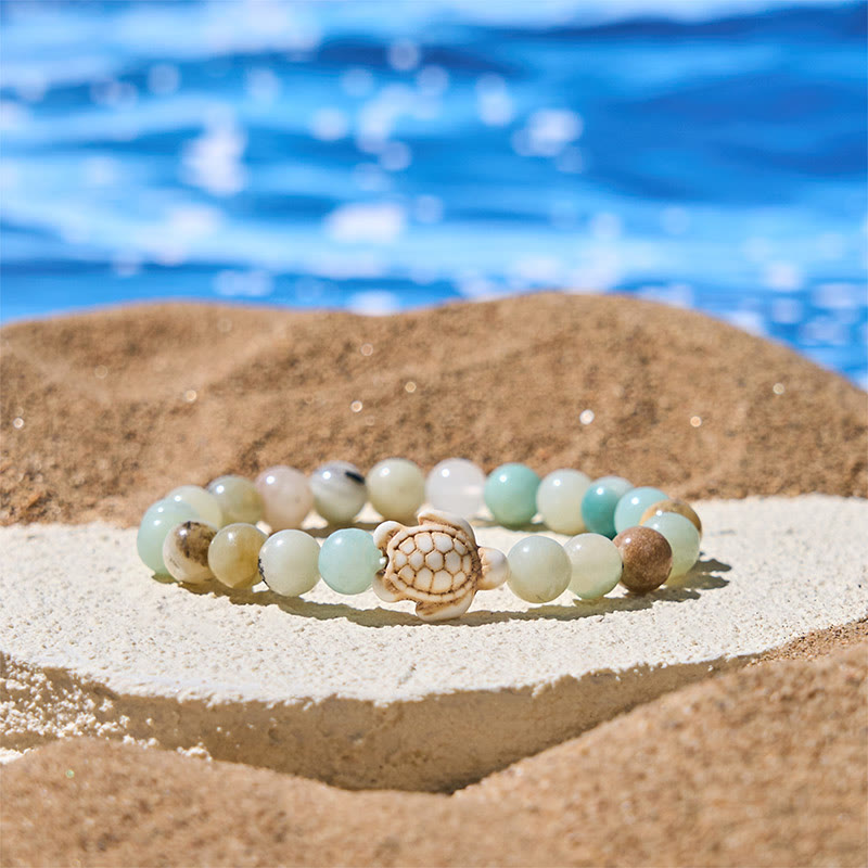 Pulsera de la sabiduría de ágata craquelada turquesa y tortuga marina de piedra natural de Buddha Stones - Amazonita (circunferencia de la muñeca: 15-18 cm) - image 12