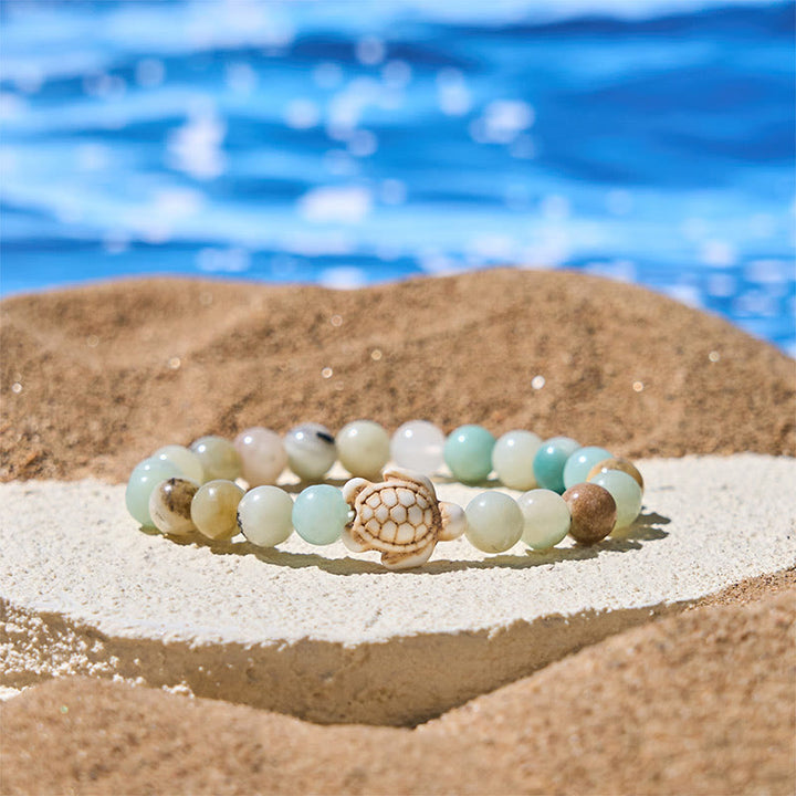 Pulsera de la sabiduría de ágata craquelada turquesa y tortuga marina de piedra natural de Buddha Stones - Amazonita (circunferencia de la muñeca: 15-18 cm) - image 12