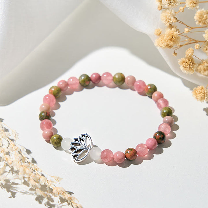 Pulsera curativa de loto con cuentas de rodonita y unakita de Buddha Stones - Rodonita y unakita (circunferencia de la muñeca: 15-17 cm) - image 0