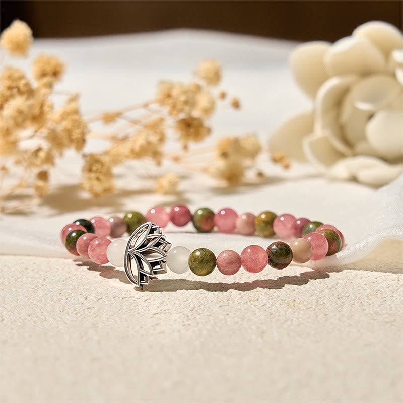Pulsera curativa de loto con cuentas de rodonita y unakita de Buddha Stones - image 4