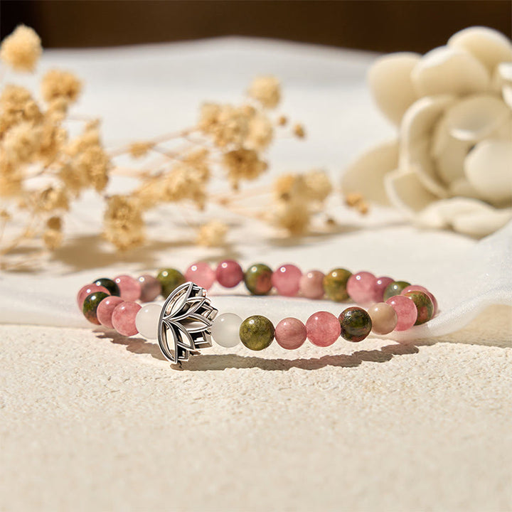 Pulsera curativa de loto con cuentas de rodonita y unakita de Buddha Stones - image 4