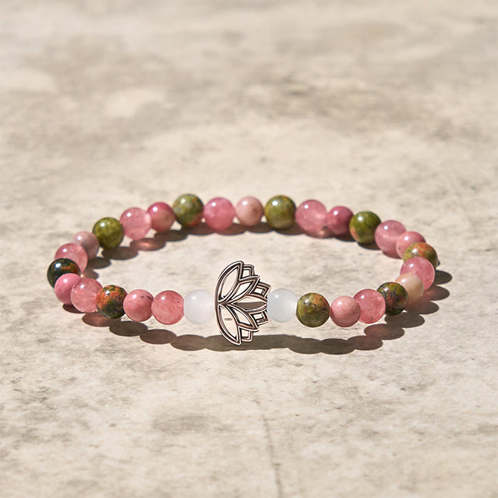 Pulsera curativa de loto con cuentas de rodonita y unakita de Buddha Stones - image 3
