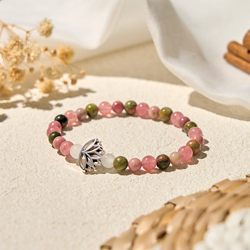 Pulsera curativa de loto con cuentas de rodonita y unakita de Buddha Stones - image 1
