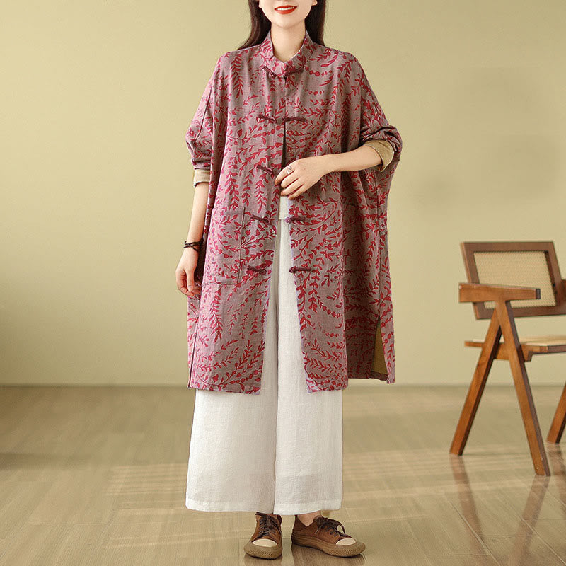 Abrigo de mujer con botones de rana y hojas de parra con bolsillos de Buddha Stones - Rojo violeta pálido - US14，UK/AU18，EU46 (2XL) - image 7