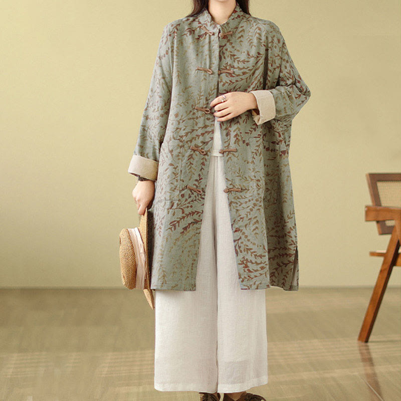 Abrigo de mujer con botones de rana y hojas de parra con bolsillos de Buddha Stones - Verde mar oscuro - US14，UK/AU18，EU46 (2XL) - image 0
