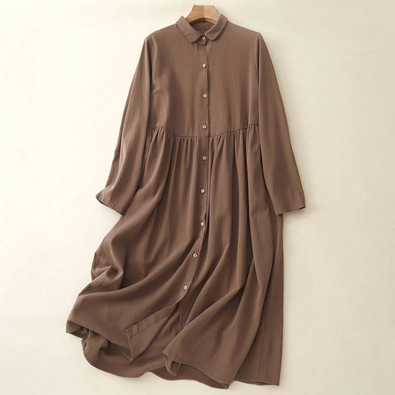 Vestido midi de algodón con solapa y diseño de botones en color puro de Buddha Stones Commute, manga larga - SaddleBrown - US8-10，UK/AU12-14，EU40-42 (2XL) - image 9