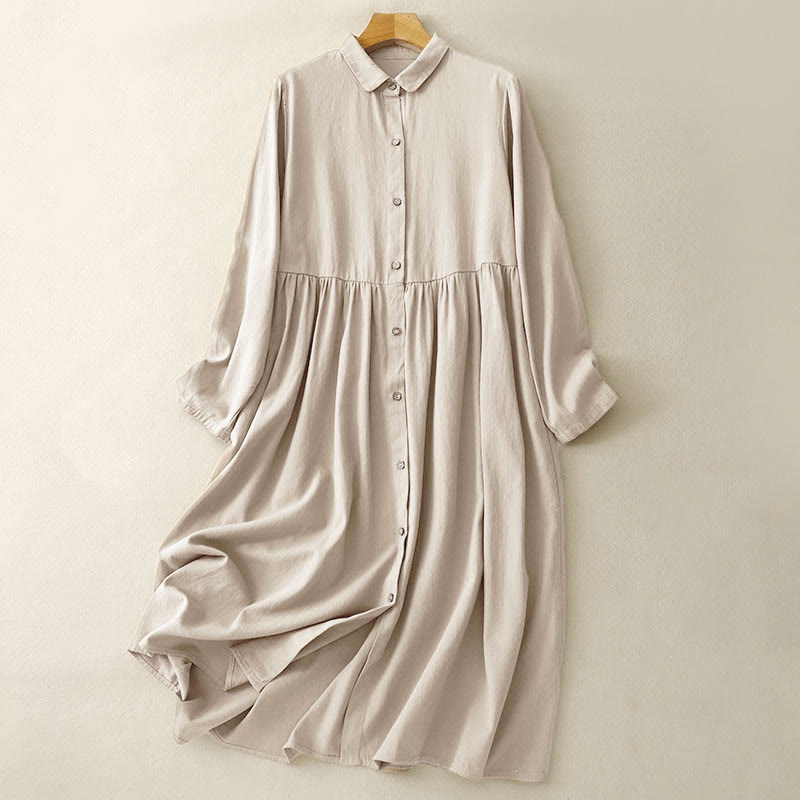 Vestido midi de algodón con solapa y diseño de botones en color puro de Buddha Stones Commute, manga larga - Vara de oro pálida - US8-10，UK/AU12-14，EU40-42 (2XL) - image 0