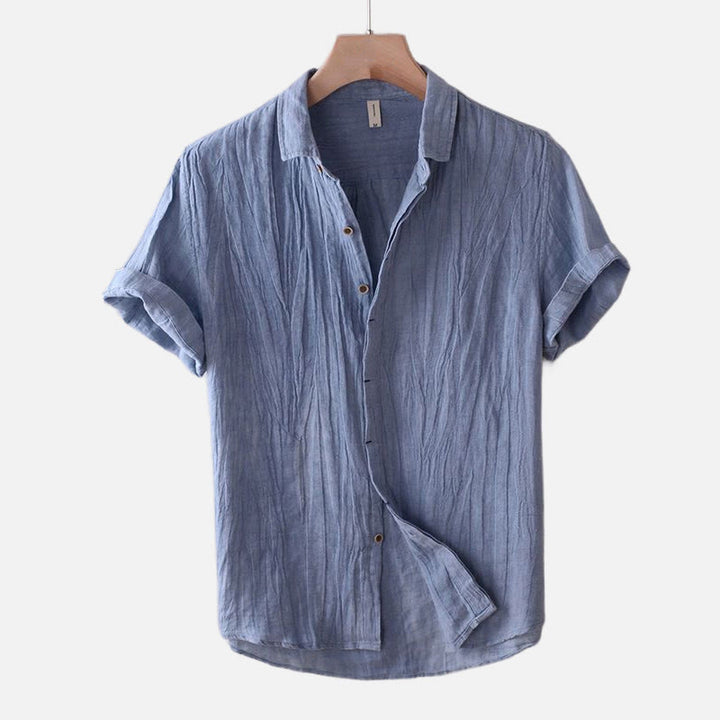 Camisa de lino y algodón con solapa y botones de manga corta para hombre con Buddha Stones - Manga corta - Azul aciano - US/UK/AU50, UE60 (5XL) - image 0
