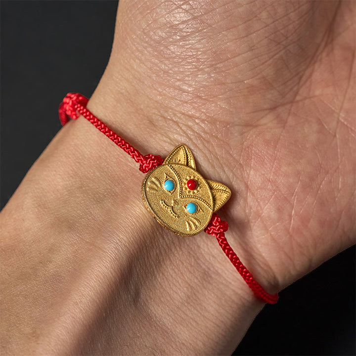 Pulsera de hilo rojo con gato de plata de ley 925 con Buddha Stones - image 4