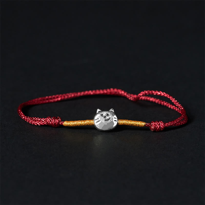 Pulsera trenzada de hilo rojo con diseño de gato y Buddha Stones en plata de ley 925 - Hilo rojo dorado (circunferencia de la muñeca: 14-18 cm) - image 0
