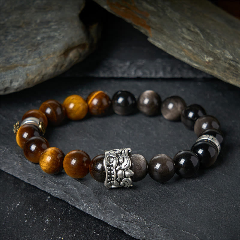Buddha Stones, ojo de tigre, obsidiana plateada brillante, Om Mani Padme Hum, caballo, PiXiu, bestia, coraje - image 1
