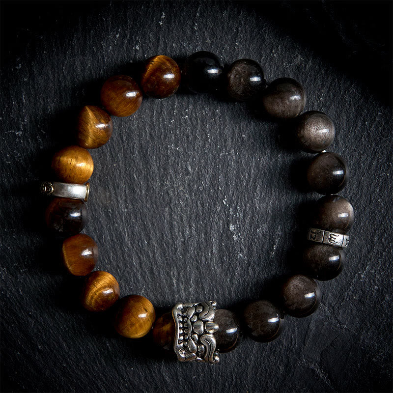 Buddha Stones, ojo de tigre, obsidiana plateada brillante, Om Mani Padme Hum, caballo, PiXiu, bestia, coraje - 20 centímetros - image 0