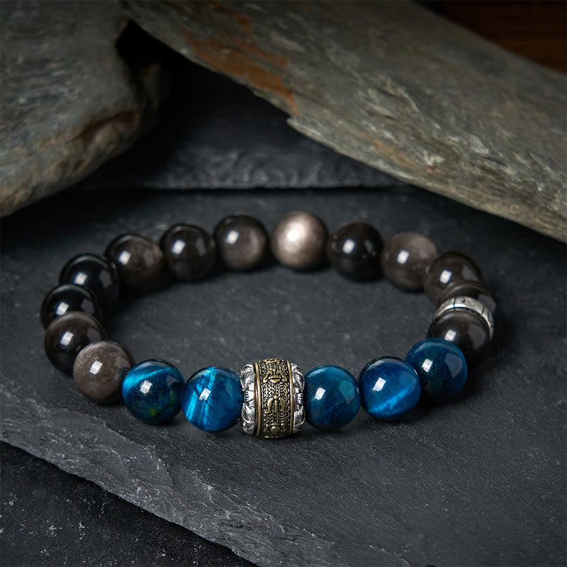 Buddha Stones Plata Natural Brillo Obsidiana Azul Ojo de Tigre Om Mani Padme Hum Pulsera de Comunicación - 20 centímetros - image 0
