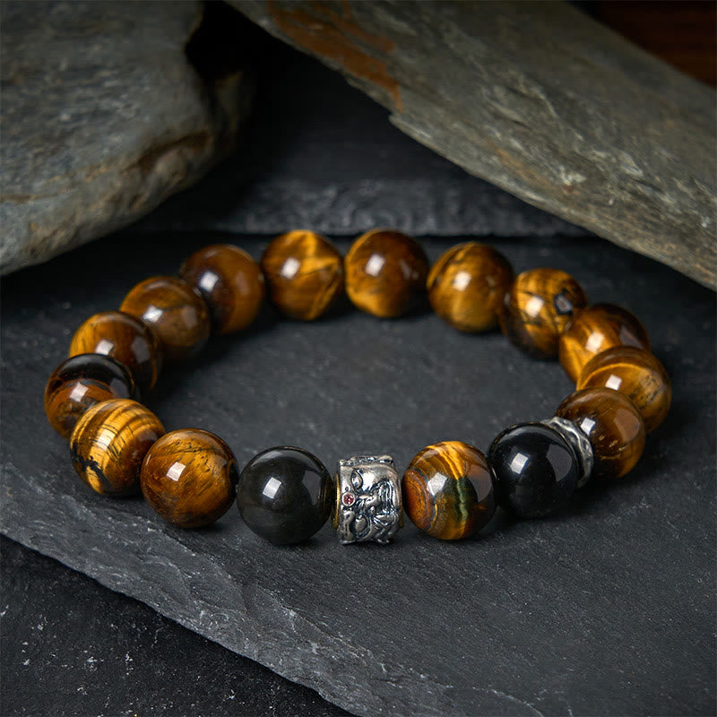 Pulsera de meditación con cabeza de Buda de obsidiana plateada con ojo de tigre y Buddha Stones - Ojo de tigre (circunferencia de la muñeca 16-18 cm) - image 0