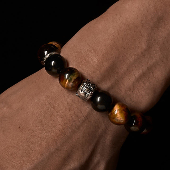 Pulsera de meditación con cabeza de Buda de obsidiana plateada con ojo de tigre y Buddha Stones - image 2